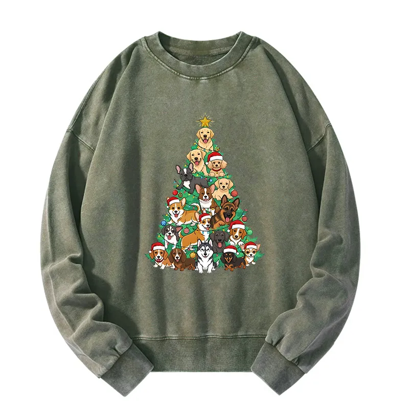 Tokyo-Tiger Christmas Tree Dog Funny Washed Sweatshirt