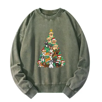 Tokyo-Tiger Christmas Tree Dog Funny Washed Sweatshirt