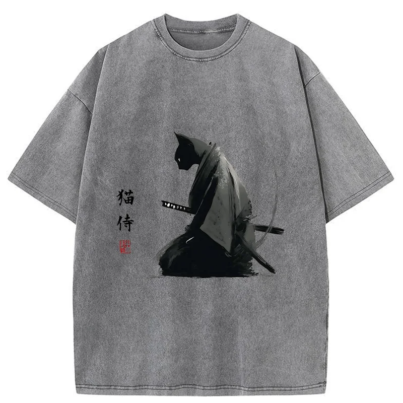 Tokyo-Tiger Kneeling Cat Samurai Washed T-Shirt