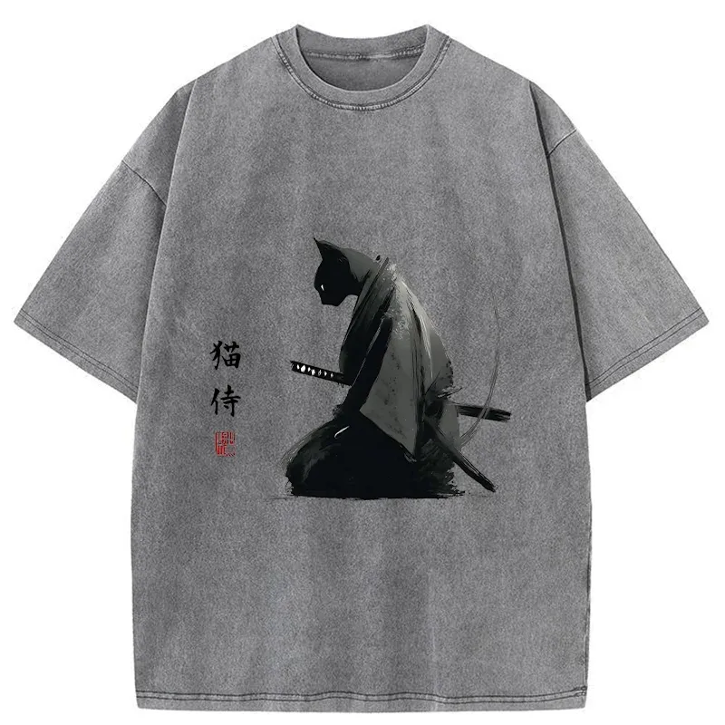Tokyo-Tiger Kneeling Cat Samurai Washed T-Shirt