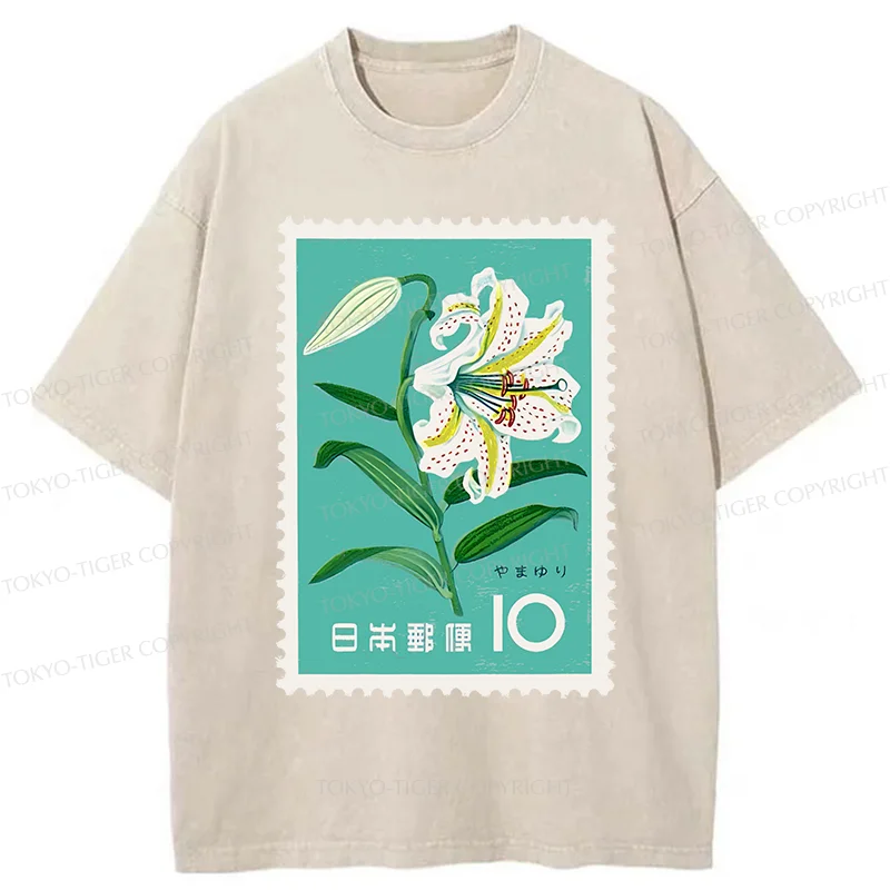 Tokyo-Tiger Japanese Stamps Washed T-Shirt