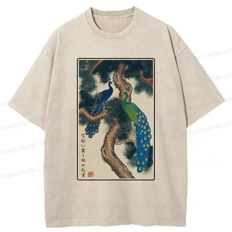 Tokyo-Tiger Peacocks in Snowy Pines Washed T-Shirt