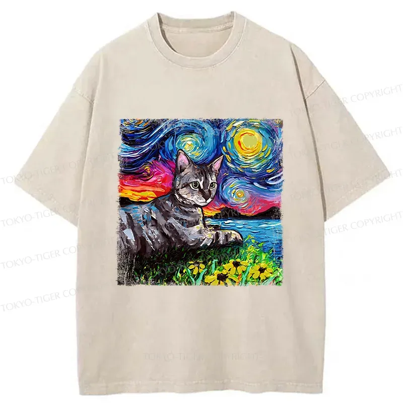 Tokyo-Tiger Cat Under The Starry Night Funny Washed T-Shirt