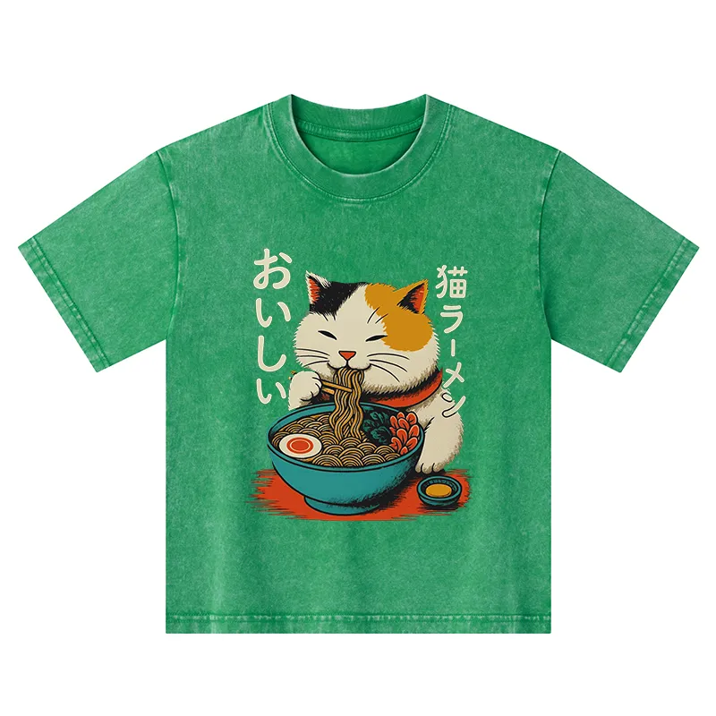 Tokyo-Tiger Cute Eat Eating Japanese Ramen Kids Washed T-Shirt