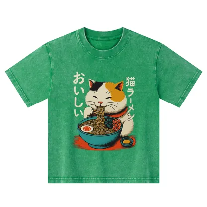 Tokyo-Tiger Cute Eat Eating Japanese Ramen Kids Washed T-Shirt