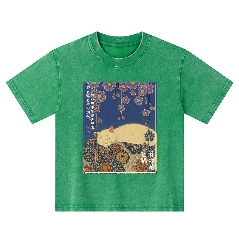 Tokyo-Tiger Ukiyoe Wisteria Flowers And Cats Kids Washed T-Shirt