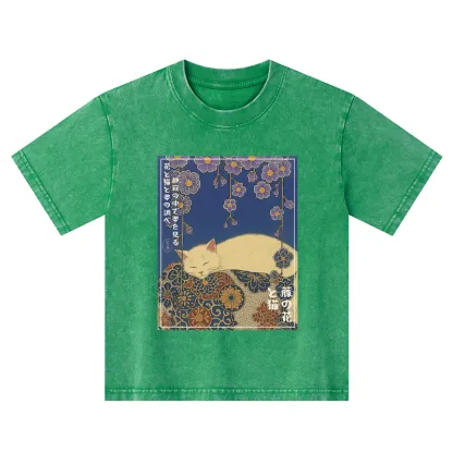 Tokyo-Tiger Ukiyoe Wisteria Flowers And Cats Kids Washed T-Shirt