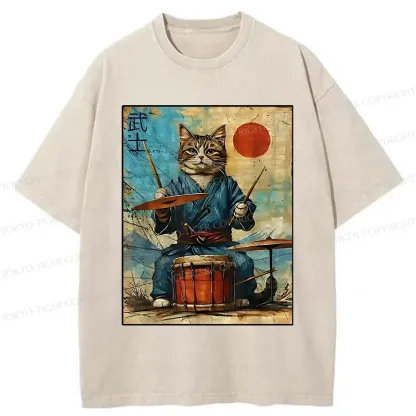 Tokyo-Tiger Cat Playing Drums Washed T-Shirt