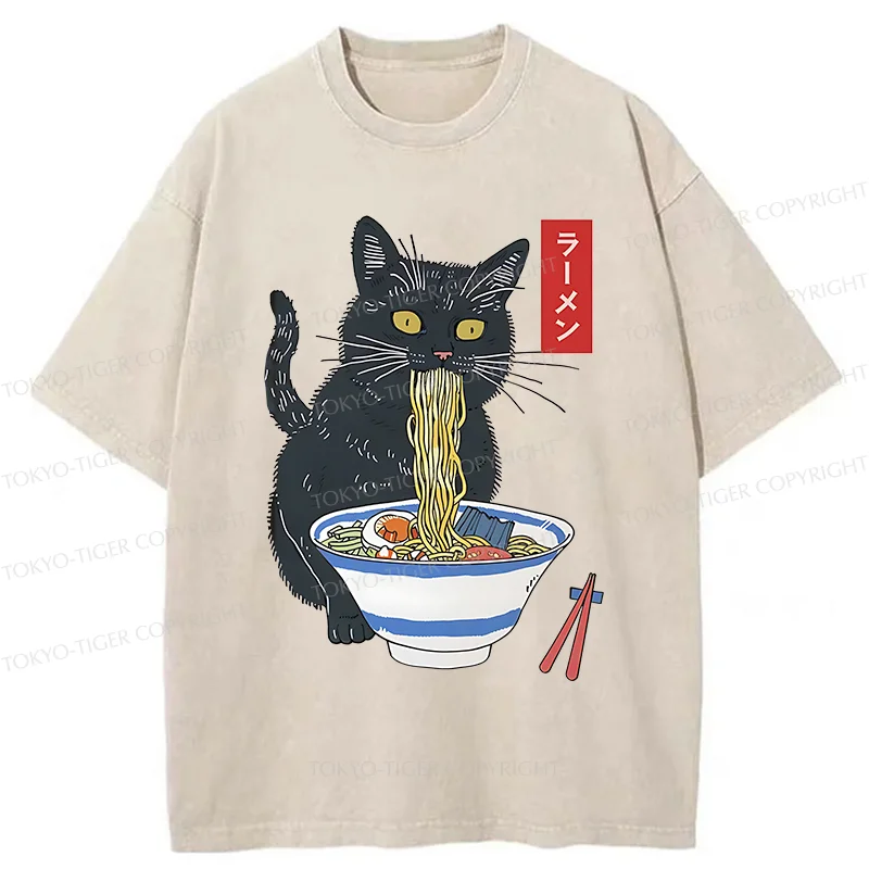Tokyo-Tiger Black Cat Eats Delicious Ramen Washed T-Shirt