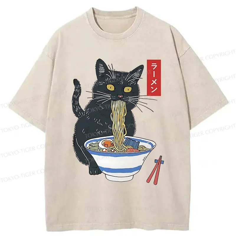 Tokyo-Tiger Black Cat Eats Delicious Ramen Washed T-Shirt