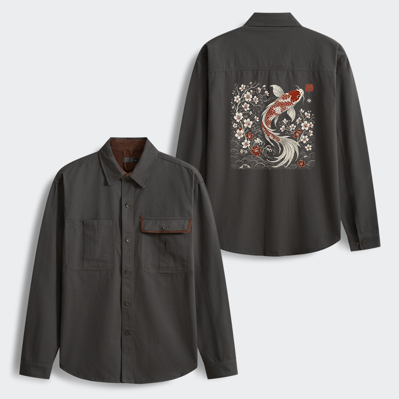 Tokyo-Tiger Vintage Sakura And Koi Men's Corduroy Work Jacket