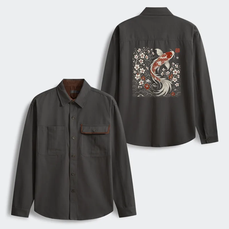 Tokyo-Tiger Vintage Sakura And Koi Men's Corduroy Work Jacket