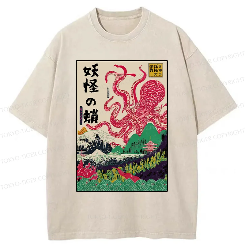 Tokyo-Tiger Octopus Japanese Yokai Washed T-Shirt