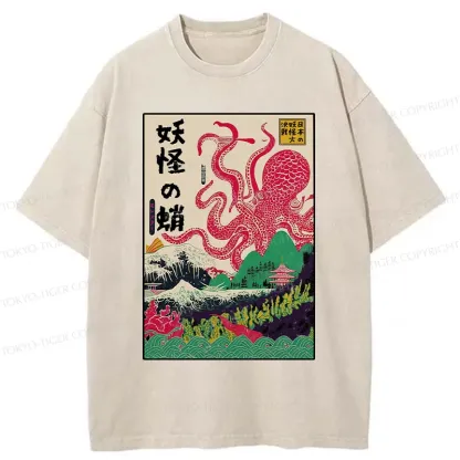 Tokyo-Tiger Octopus Japanese Yokai Washed T-Shirt