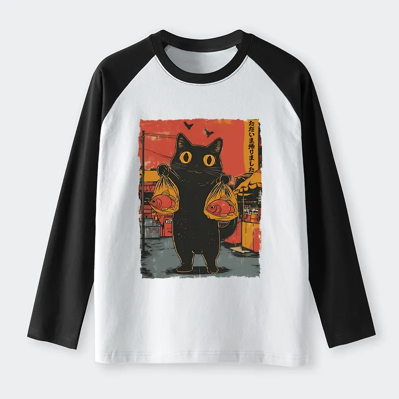 Tokyo-Tiger Cat Fishing Japanese Raglan Long Sleeve T-shirt