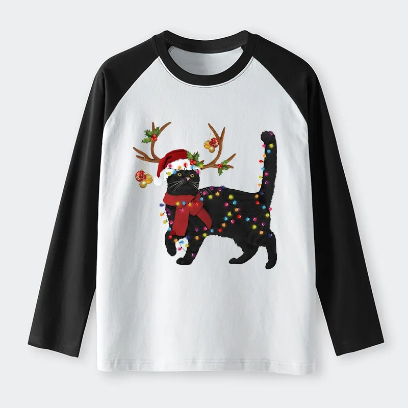 Tokyo-Tiger Christmas Black Cat Raglan Long Sleeve T-shirt