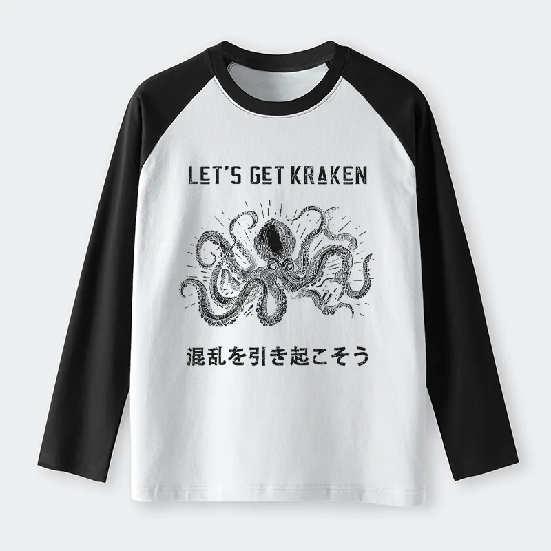 Tokyo-Tiger Funny Octopus：Let’s Get Kraken Raglan Long Sleeve T-shirt