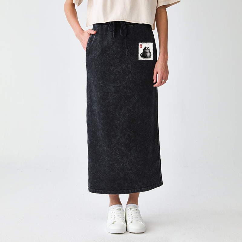 Tokyo-Tiger Auspicious Fluffy Black Cat Ink Painting Washed Terry Skirt