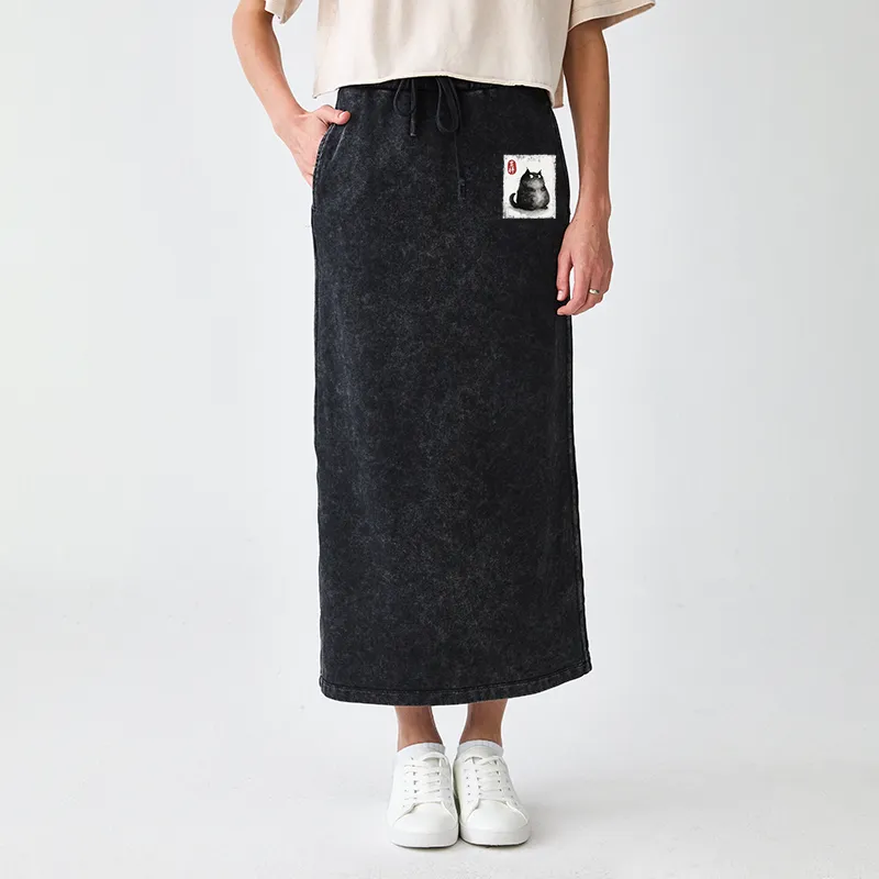 Tokyo-Tiger Auspicious Fluffy Black Cat Ink Painting Washed Terry Skirt