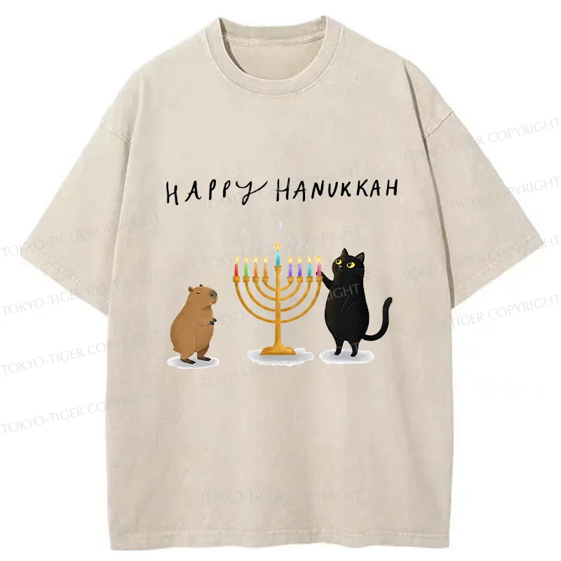 Tokyo-Tiger Cats Light Hanukkah Candles Washed T-Shirt