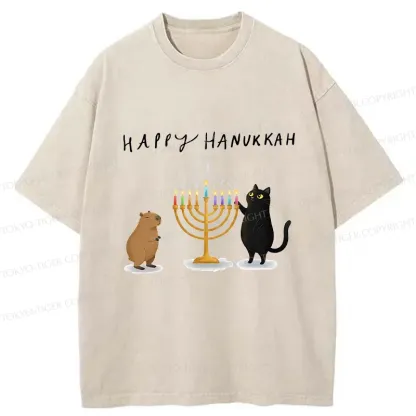 Tokyo-Tiger Cats Light Hanukkah Candles Washed T-Shirt
