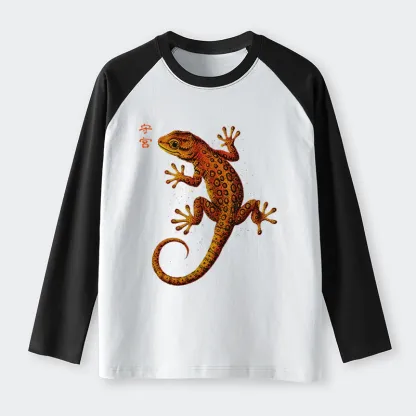 Tokyo-Tiger Retro Gecko Funny Raglan Long Sleeve T-shirt