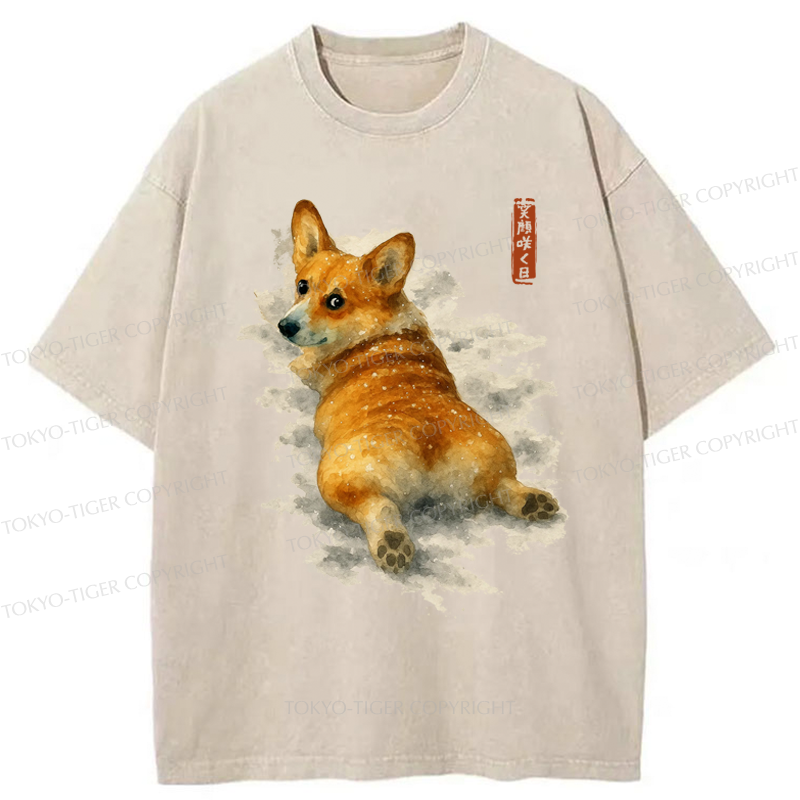 Tokyo-Tiger Corgi in the Snow Washed T-Shirt