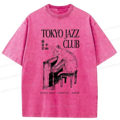 Tokyo-Tiger Cat Playing The Piano Washed T-Shirt