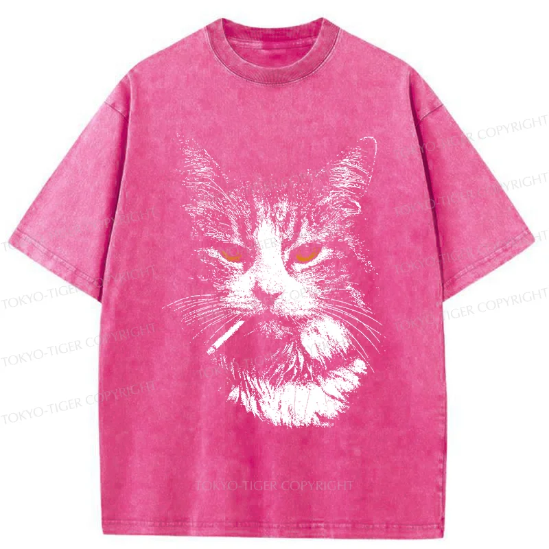 Tokyo-Tiger Handsome Cat Smoking Washed T-Shirt