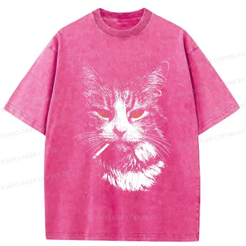 Tokyo-Tiger Handsome Cat Smoking Washed T-Shirt