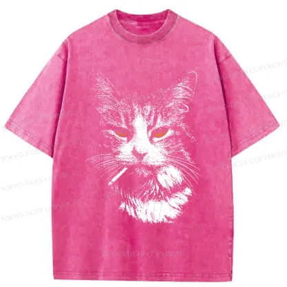 Tokyo-Tiger Handsome Cat Smoking Washed T-Shirt