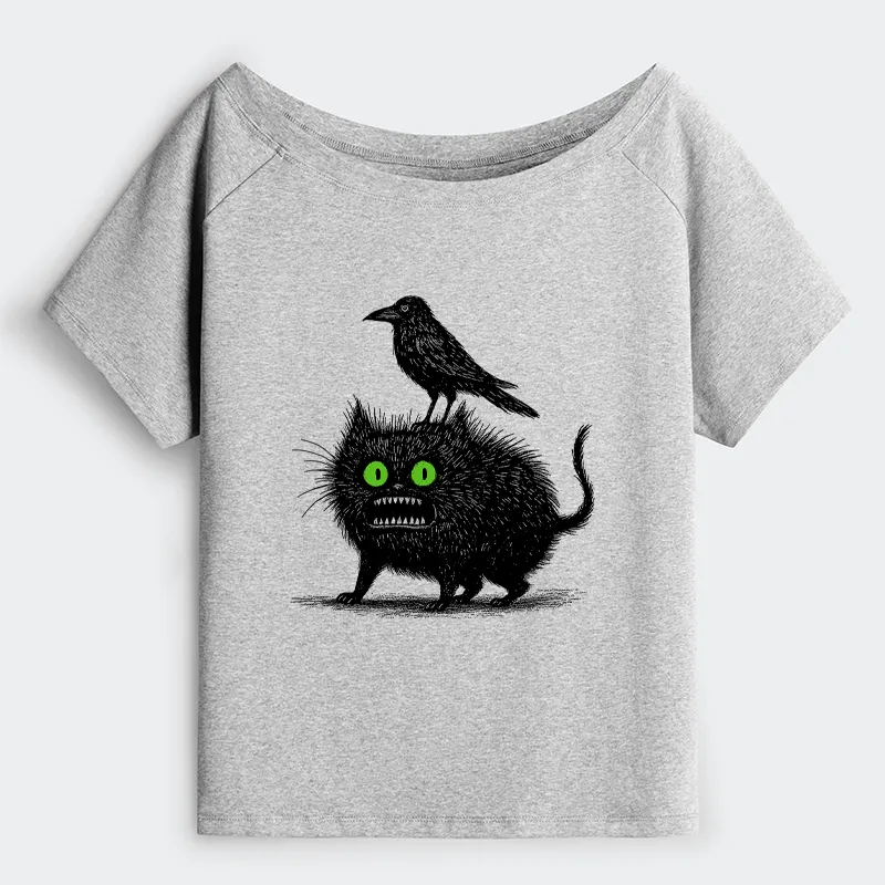 Tokyo-Tiger Crow And Black Cat Off Shoulder T-Shirt