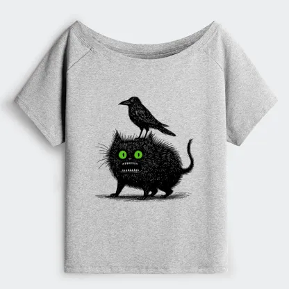Tokyo-Tiger Crow And Black Cat Off Shoulder T-Shirt