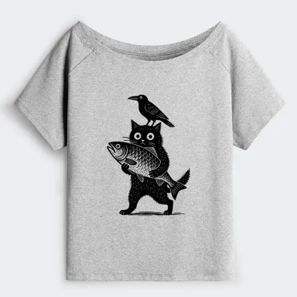 Tokyo-Tiger Black Animals Funny Off Shoulder T-Shirt