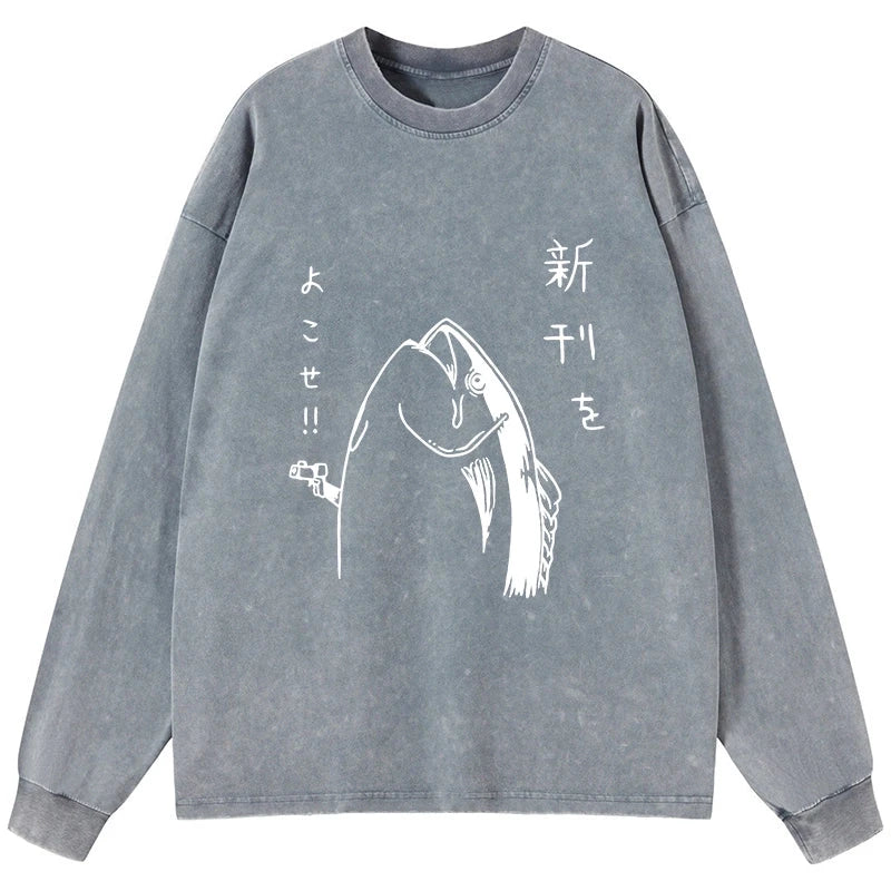 Tokyo-Tiger Japanese Fish Hold Up White Washed Long Sleeve T-Shirt