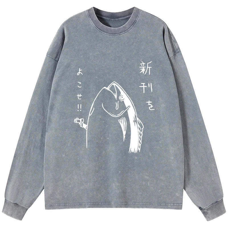 Tokyo-Tiger Japanese Fish Hold Up White Washed Long Sleeve T-Shirt