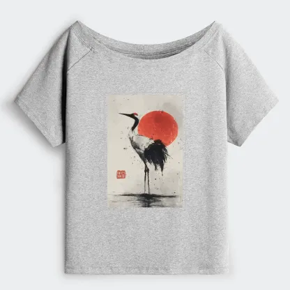 Tokyo-Tiger Retro Japanese Red-crowned Crane Off Shoulder T-Shirt