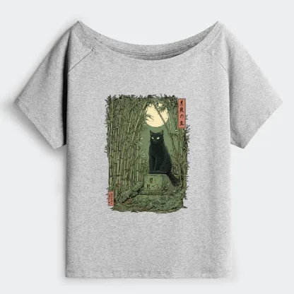 Tokyo-Tiger Black Cat In The Bamboo Forest Off Shoulder T-Shirt