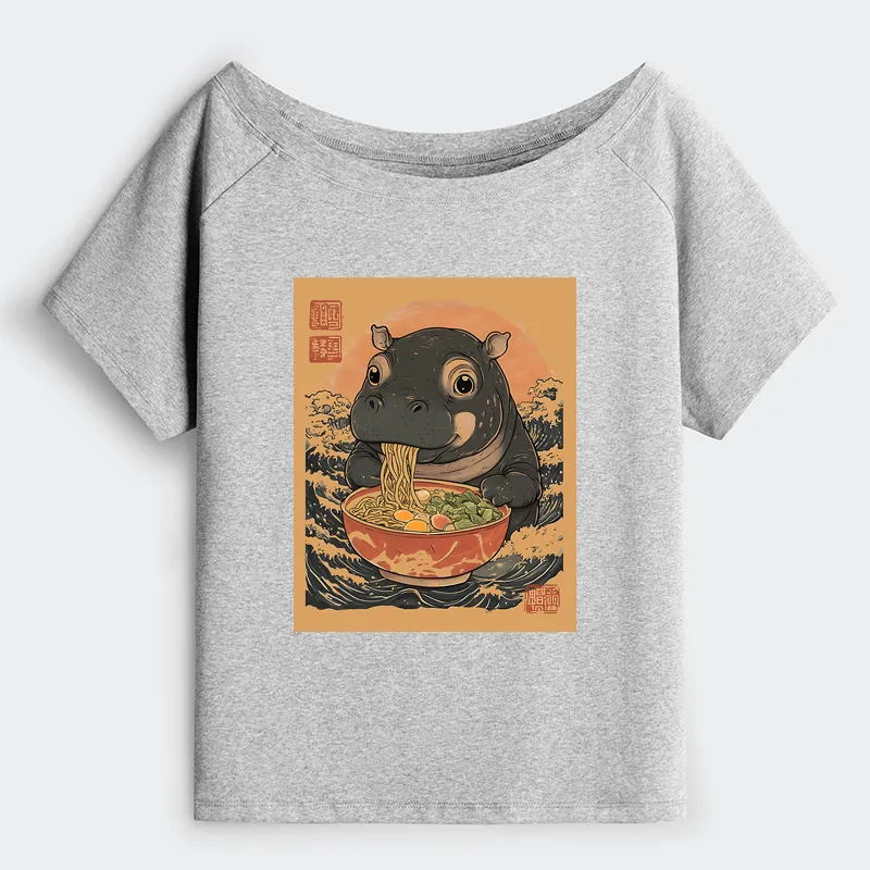 Tokyo-Tiger Moo Deng Eat Ramen Off Shoulder T-Shirt