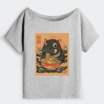 Tokyo-Tiger Moo Deng Eat Ramen Off Shoulder T-Shirt