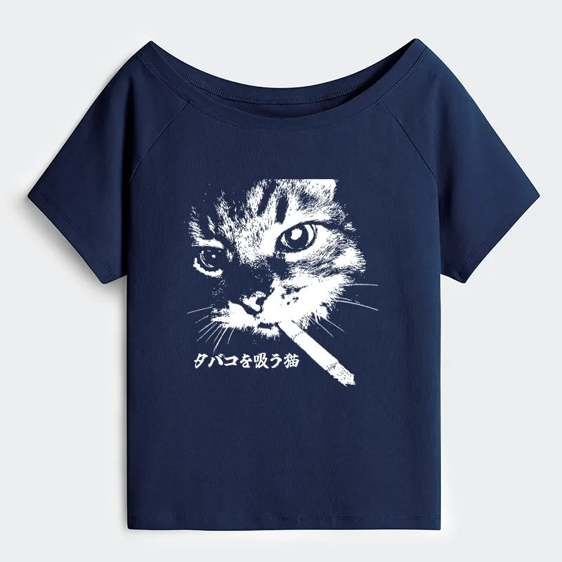 Tokyo-Tiger Retro Cat Smoking Off Shoulder T-Shirt