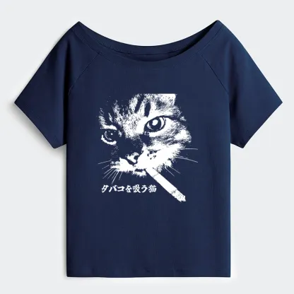 Tokyo-Tiger Retro Cat Smoking Off Shoulder T-Shirt