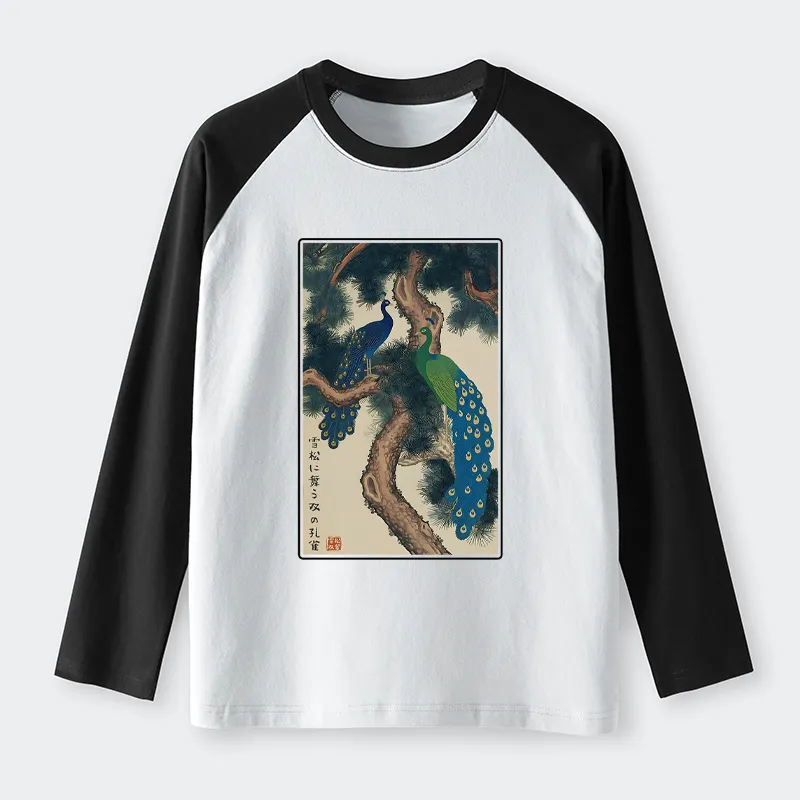 Tokyo-Tiger Peacocks In Snowy Pines Raglan Long Sleeve T-shirt
