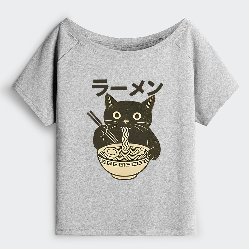 Tokyo-Tiger Simple Black Cat Eating Ramen Off Shoulder T-Shirt