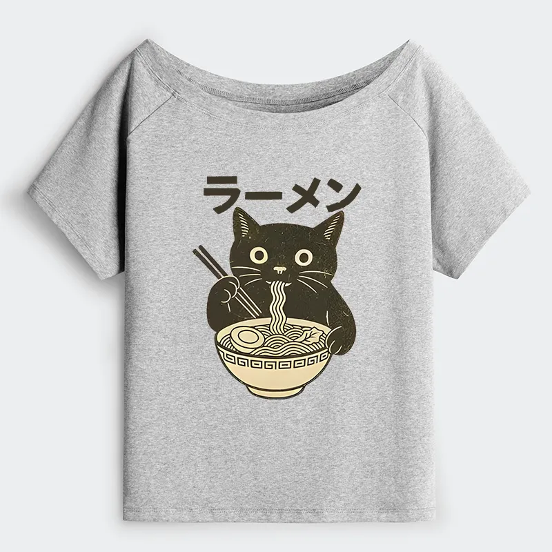 Tokyo-Tiger Simple Black Cat Eating Ramen Off Shoulder T-Shirt