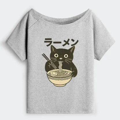 Tokyo-Tiger Simple Black Cat Eating Ramen Off Shoulder T-Shirt