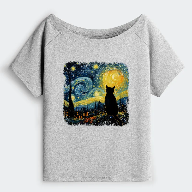 Tokyo-Tiger The Starry Night Cat Off Shoulder T-Shirt