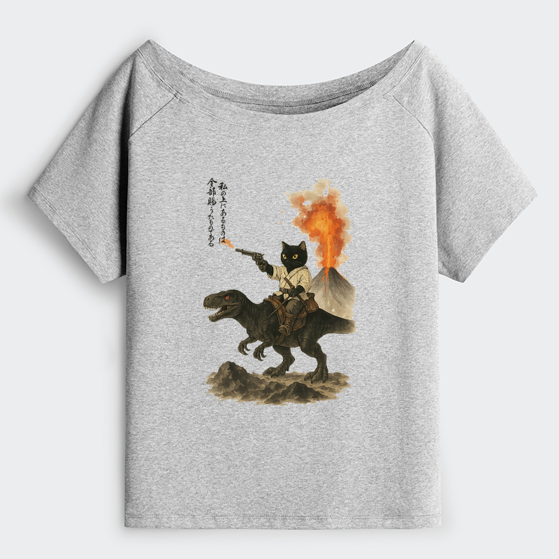 Tokyo-Tiger Cat Riding A Dinosaur Off Shoulder T-Shirt