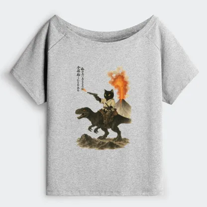 Tokyo-Tiger Cat Riding A Dinosaur Off Shoulder T-Shirt