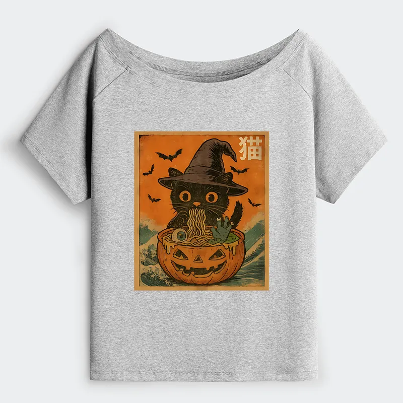 Tokyo-Tiger Halloween Cat Eating Ramen Off Shoulder T-Shirt